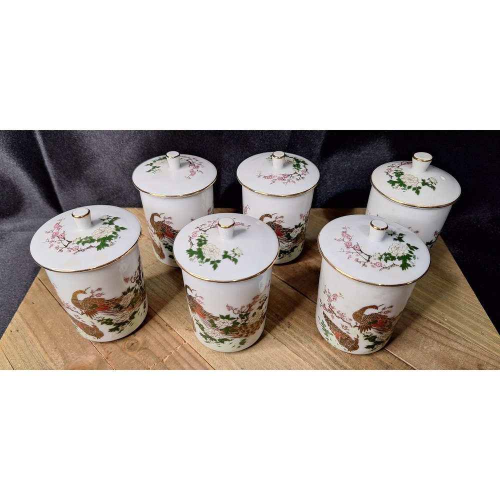 Vintage Tatung Taiwan Peacock Cherry Blossom Porcelain Tea Mugs with Lids Set 6